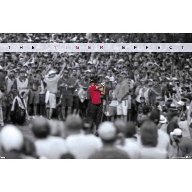 Tiger Woods - The Tiger Effect Wall Poster depicting a centered golfer in a red shirt and black pants swinging a golf club, set against a large black-and-white crowd of spectators with 'THE TIGER EFFECT' text above, suitable for home décor and wall art.