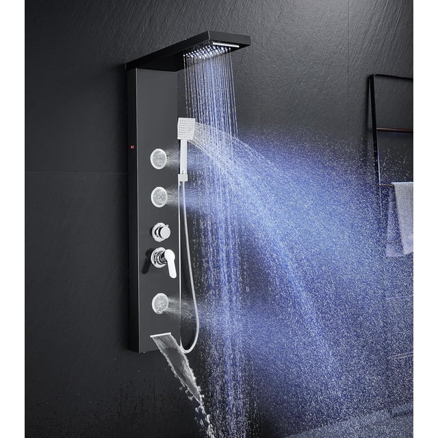 Multi-Function LED Lights Shower Panel System in Shower Panel Include Rainfall &; Waterfall Shower Head Adjustable Massage Jets Handheld Shower Tub Spout