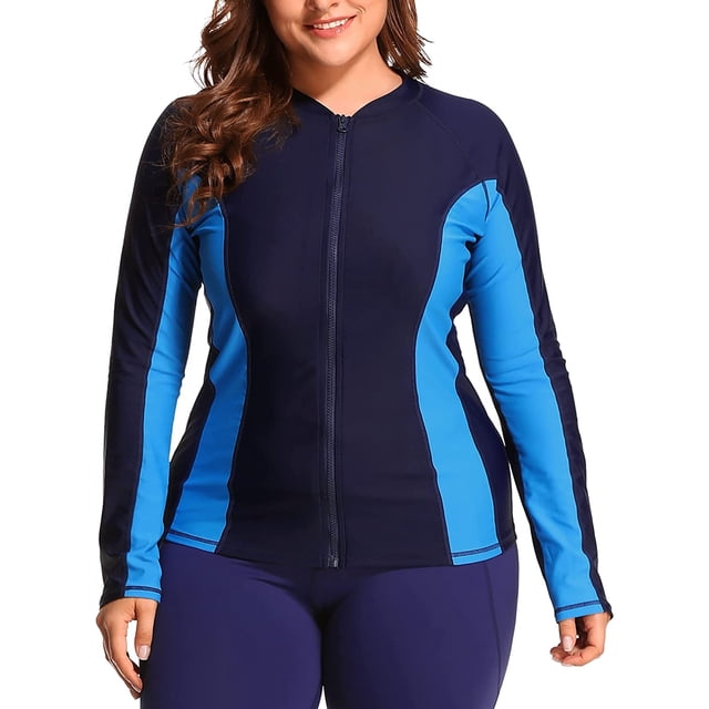 Charmo Womens Plus Size Long Sleeve Rash Guard Top Zipper Swimsuit Swim Shirt