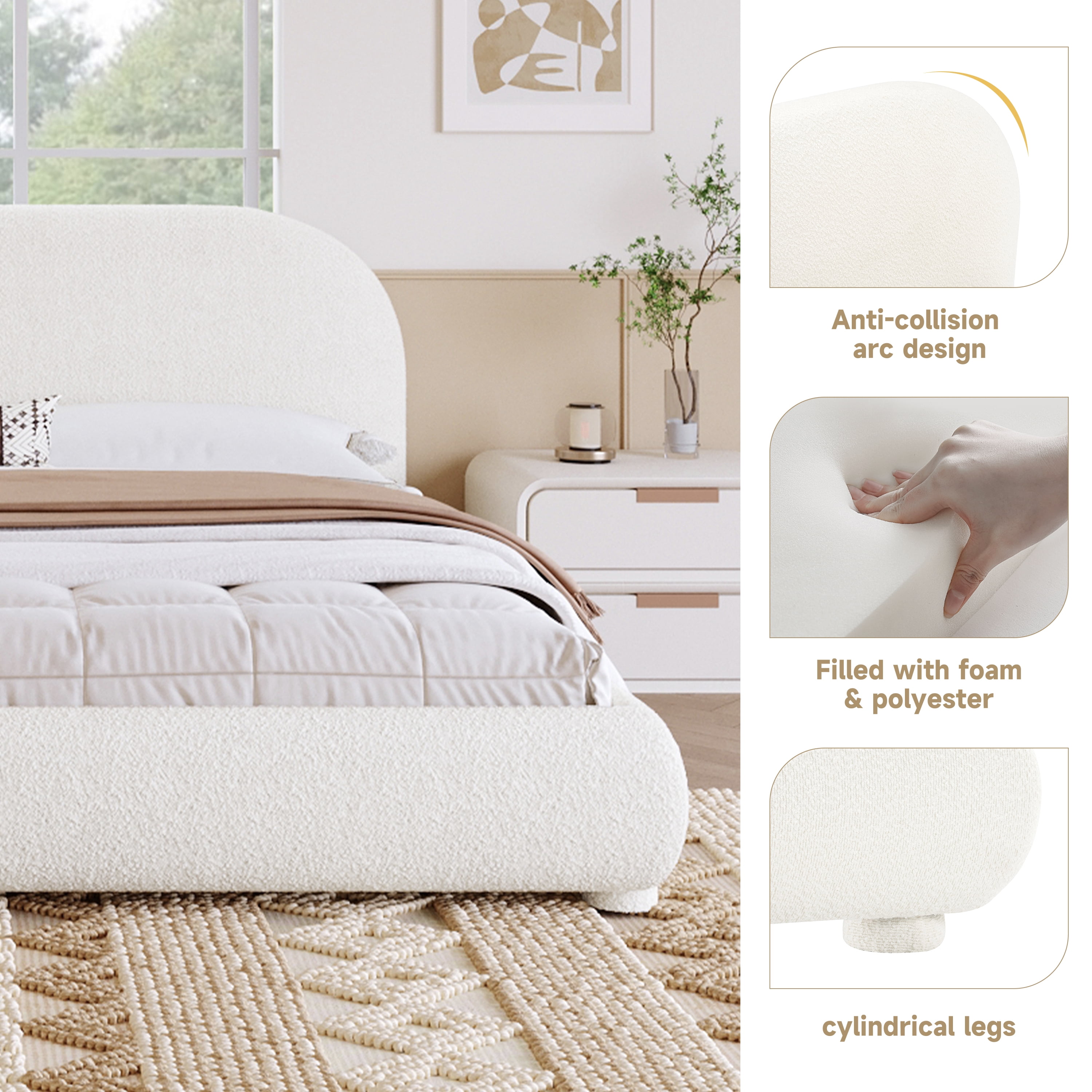 Noble House Lit rembourré Style Queen Cream, tête de lit en tissu texturé courbé avec cadre solide, blanc crémeux