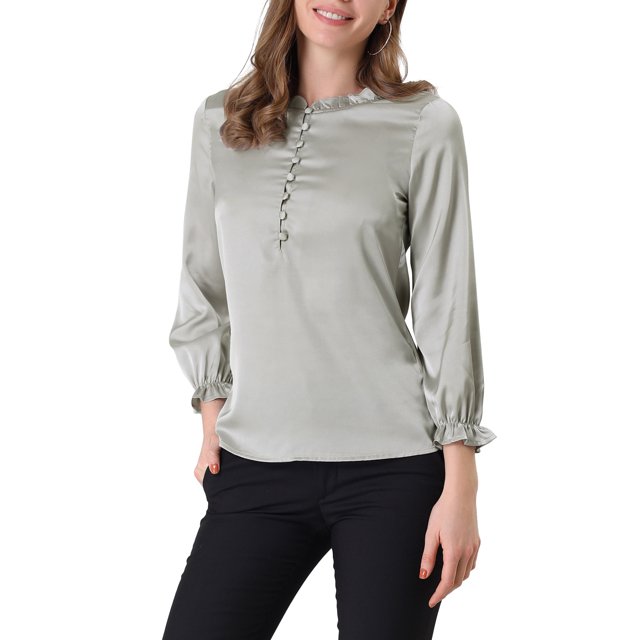 INSPIRE CHIC Women's Ruffle Neck Bubble Sleeve Elastic Cuff Button Office Blouse XL Gray