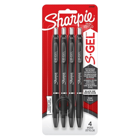 Sharpie S-Gel, Gel Pens, Fine Point (0.5 mm), Black Ink, 4 Count