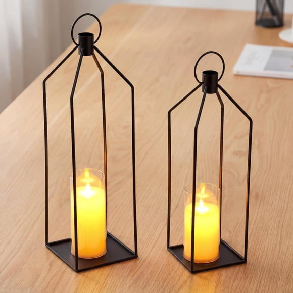 Lanternes à Bougie Sans Flamme de 19+22 Po, Lanternes Décoratives avec Minuterie, Ensemble de 2 Lanternes en Métal Doré avec Bougies DEL Vacillantes, Décor de Lanterne Intérieur Extérieur pour Porche, Table, Foyer, Noir