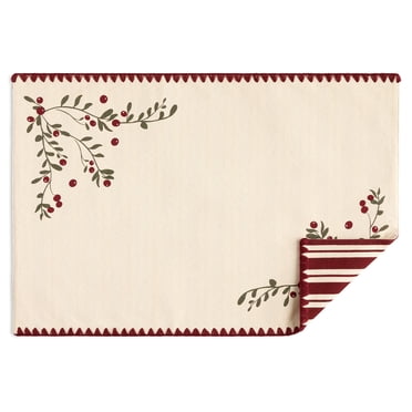 Holiday Time Cranberry Spice Collection Mistletoe Print Reversible Placemat with Blanket Stitch, Red/Multi, 13" x 19"