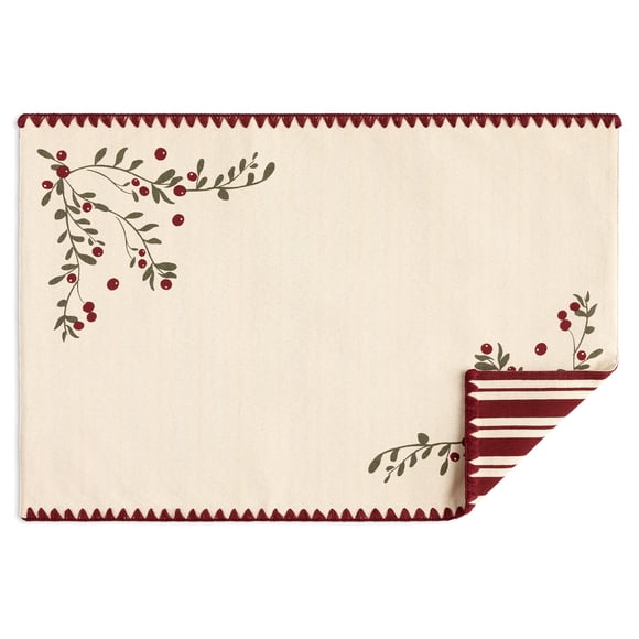 Holiday Time Cranberry Spice Collection Mistletoe Print Reversible Placemat with Blanket Stitch, Red/Multi, 13" x 19"