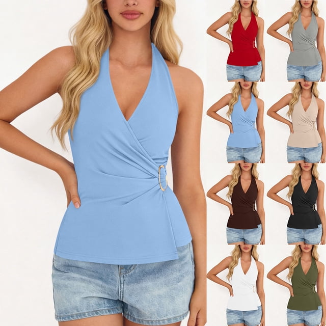 FRSASU Hauts à Col en V pour Femme, Dos Nu Froncé Sans Manches, à Lacets, Coupe Ajustée, Mode Estivale Décontractée, Rouge m(m)