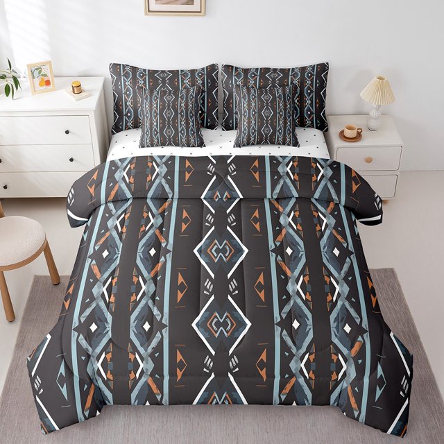 Western Bed in a Bag Queen Comforter Set 7 Piece,Geometric Aztec Bedding Sets,Southwestern Sheet Set with Comforter Geometry Diamond Bed Set,Retro Exotic Stripes Western Decor for Bedroom