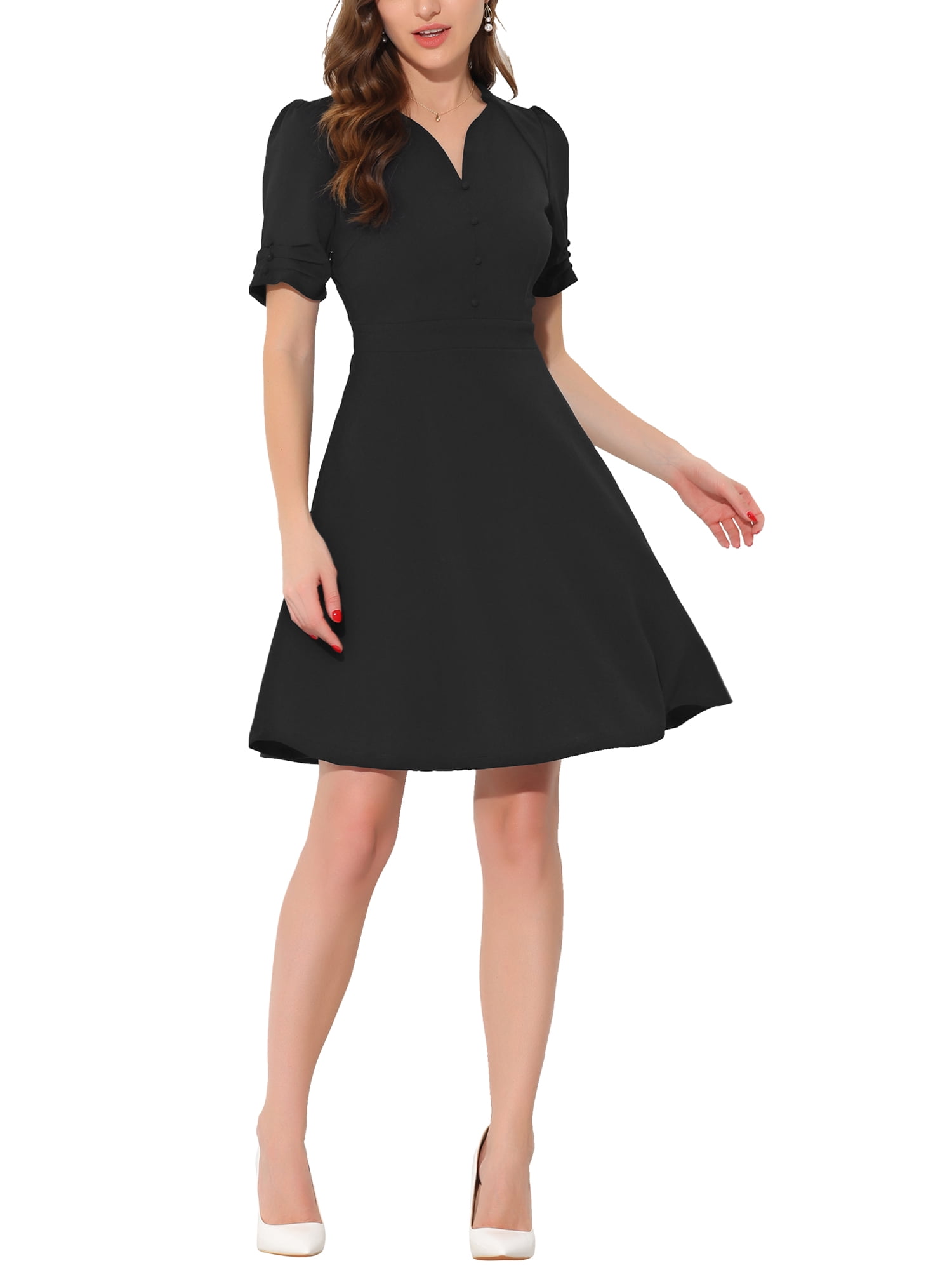 INSPIRE CHIC Robe de Bureau pour Femme à Encolure Cœur Plissée à Manches Courtes Robe Fourreau Ligne A S Noir