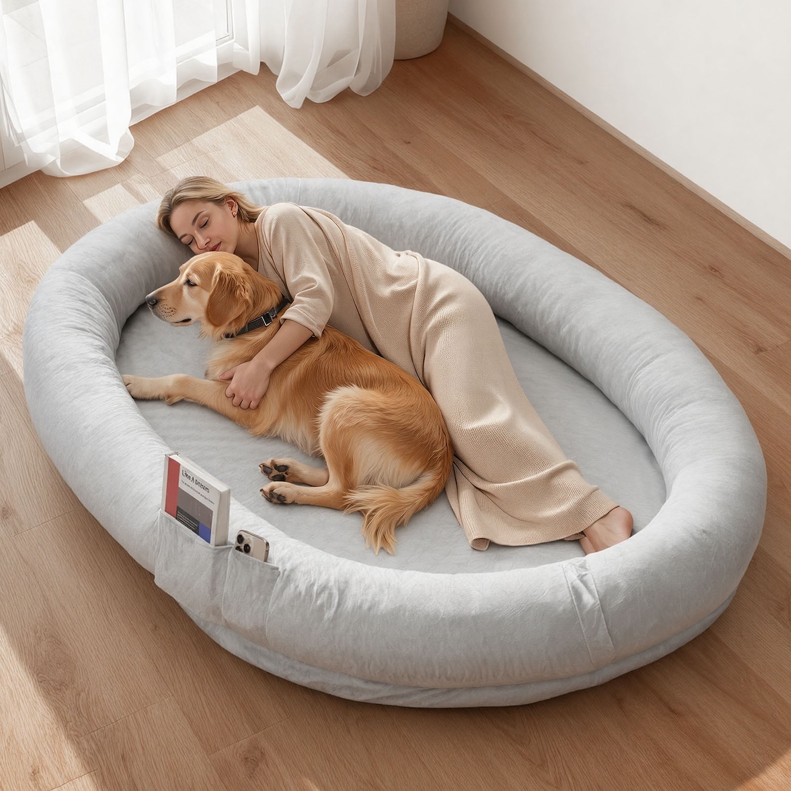 VEVOR Human Dog Bed, 70.08 x 47.24 x 9.45 inch Orthopedic Memory Foam Human Sized Dog Bed, Humans Pet Beds with Side Pocket, Handle & Zipper, Removable Machine-Washable Dogs Beds for Humans, Gray