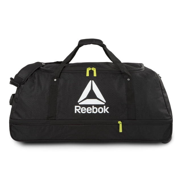 Reebok Packable duffle bag on wheels in black with a white logo, featuring padded dual top handles, a detachable adjustable shoulder strap, bright yellow zipper pulls, expandable storage with a zipper-release system, and three wheels for smooth rolling, suitable for gym and sports use.