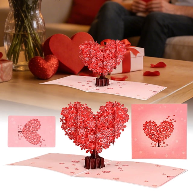 Valentine's Day Greeting Card featuring heartfelt sentiments for your partner and special loved ones. The card is made of quality cardstock and showcases a stunning 3D design of a red heart-shaped tree adorned with floral patterns. The card is displayed open, revealing intricate details on a pink background, with additional views of the closed card and its decorative cover. Ideal for couples and loved ones, this card serves as a keepsake and decorative piece. Package dimensions are 15x15x0.3cm, and the weight is 40g.
