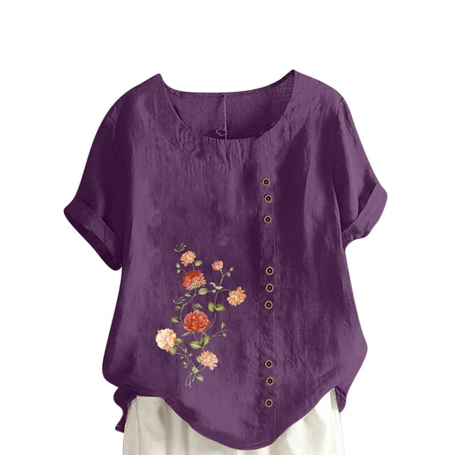Birdeem Womens Summer Oversize Casual Round-Neck Short Sleeve Flower Printing Loose Shirt Tops