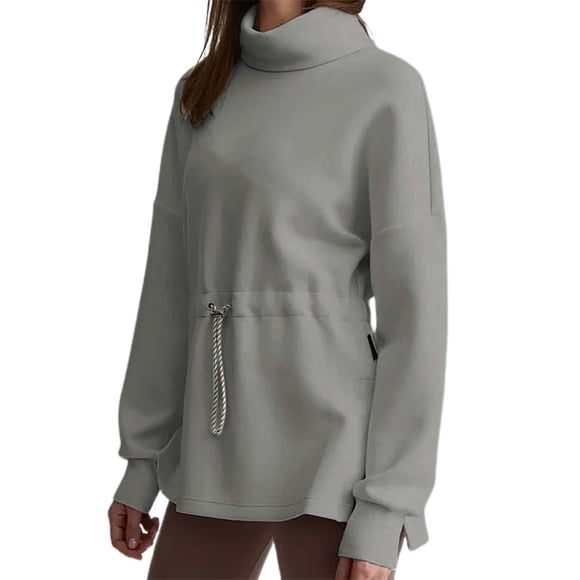 DondPO Essentials Hoodie Hoodies for Women Women's Turtleneck Sweatshirts Long Sleeve Pullover Tops Side Slit Tunic Shirts With Drawstring Waist Long Sleeve Shirts Sweatshirt for Women Grey S