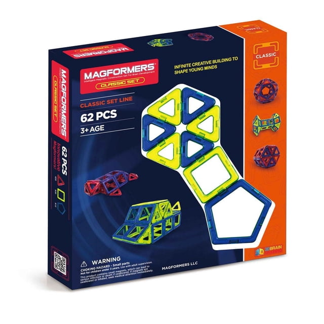 Magformers LLC Magformers Classic Ensemble de Jouets de Construction 62 Pcs avec 62 Pcs Géométriques Magnétiques Incluant des triangles, des Carrés et des Pentagones en Bleu, Jaune et Rouge Affichés sur une Boîte Bleu Marine et orange Présentant des Constructions en Forme 3D, Convient aux Enfants de 3 Ans et Plus pour Encourager la Créativité et le Développement du Cerveau.