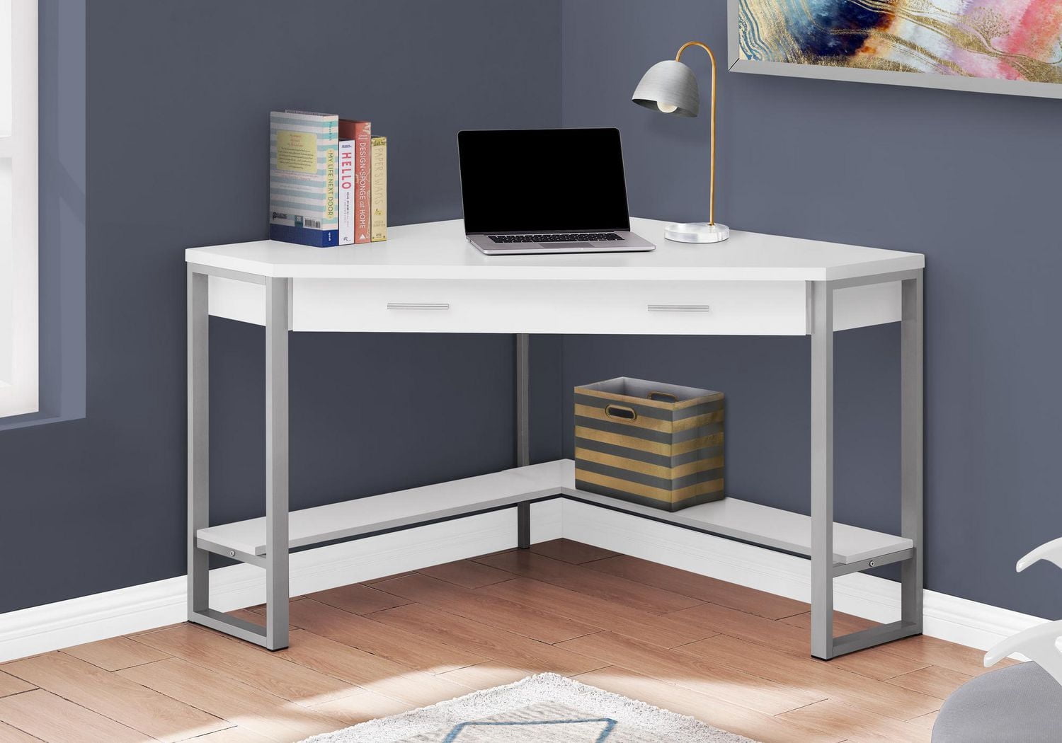 Monarch Specialties Computer Desk, Home Office, Corner, Storage Drawers, 42"l, Work, Laptop, Metal, Laminate, White, Grey, Contemporary, Modern
