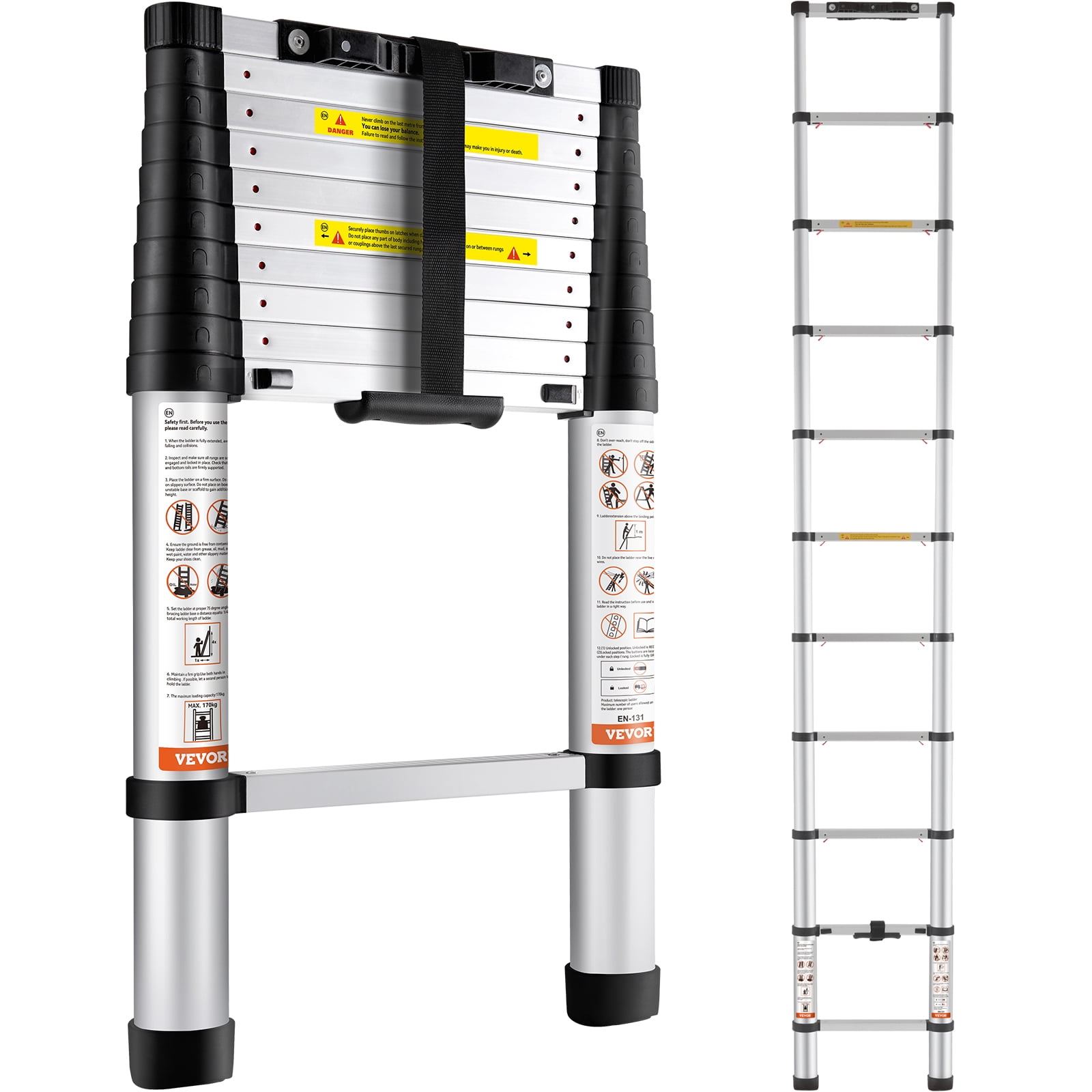 VEVOR Telescoping Ladder, 10.5 ft Aluminum One-button Retraction Collapsible Extension Ladder, 375 lbs Capacity w/ Non-slip Feet, Portable Multi-purpose Compact Ladder for Home, RV, Loft, ANSI Listed