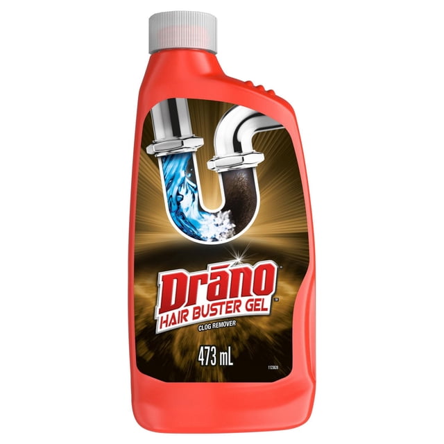Drano® Hair Buster Gel Drain Cleaner and Clog Remover in a red plastic bottle with gray screw cap, labeled with a chrome U-shaped pipe image showing blue water dissolving a black clog, containing 473 mL of thickened bleach gel safe for metal and plastic pipes.