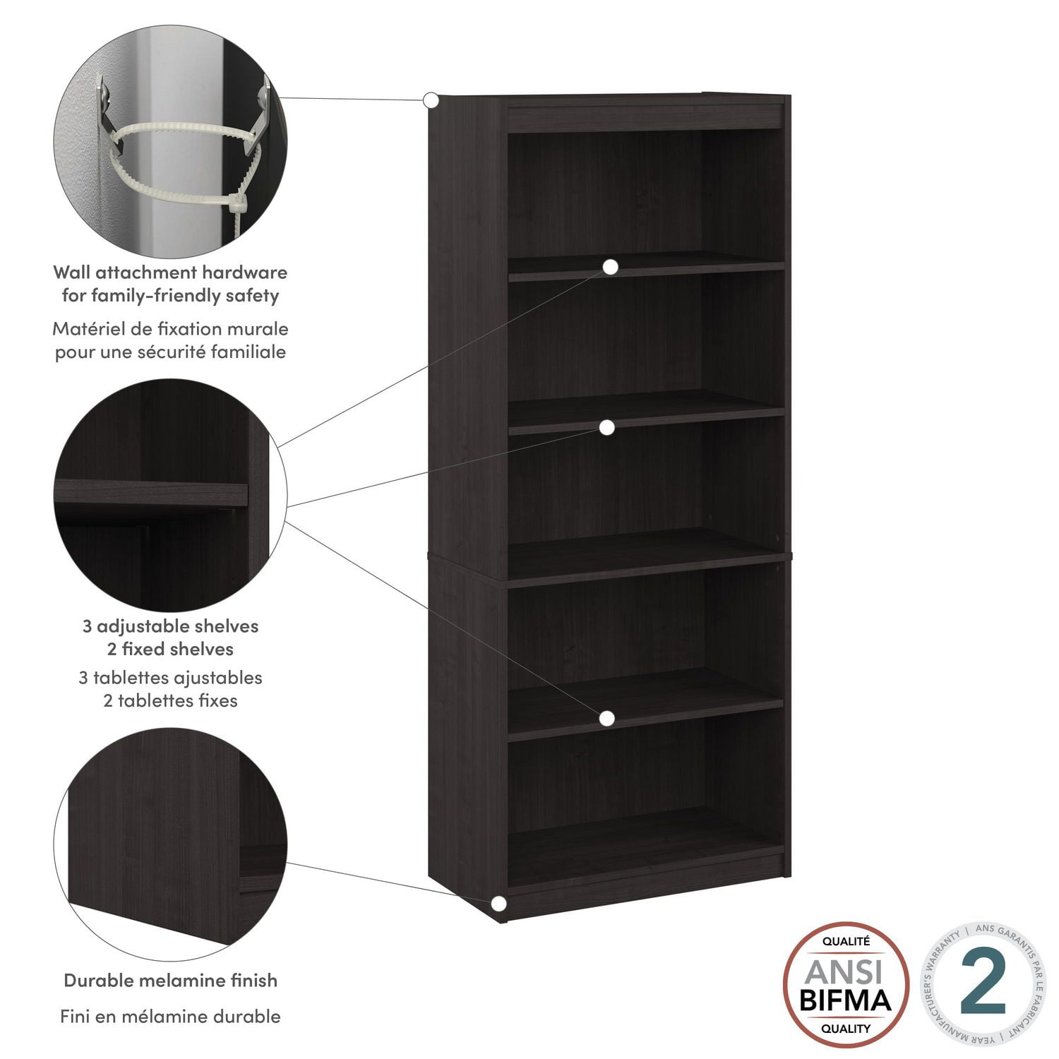 Bibliothèque à 5 tablettes Logan de Bestar, érable graphite