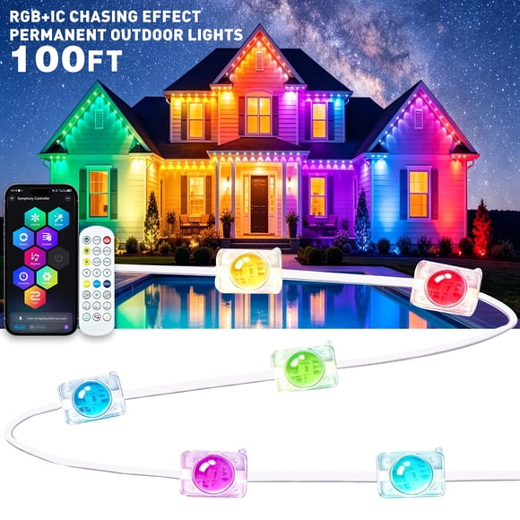 Lumières d'Avant-toit Permanentes RVB+IC de 100 Pi, Éclairage d'Avant-toit de Maison à DEL Changeant de Couleur Étanche IP67, Synchronisation Musicale avec Application Intelligente et Télécommande, Lumières de Toit Extérieures à DEL, Lumières de Scène Bricolage à Minuterie pour les Fêtes, Patio,