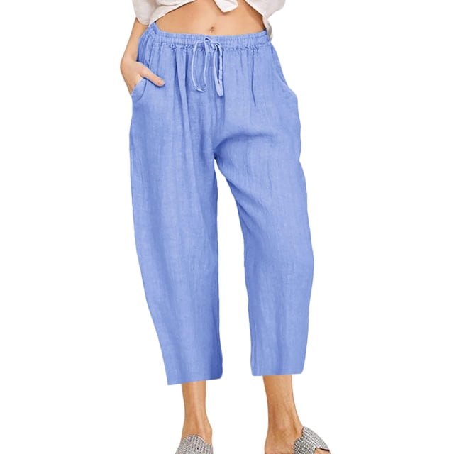 Innerwin Capri Pants Drawstring Women Pant Summer Straight Leg Baggy Bottoms Peacock Blue S