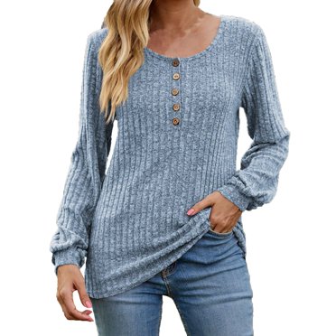 AherBiu Chemises pour Femmes Décontractées d'Automne Tendance Hauts Côtelés en Tricot Manches Longues Col Ras du Cou T-Shirts Confortables Tunique