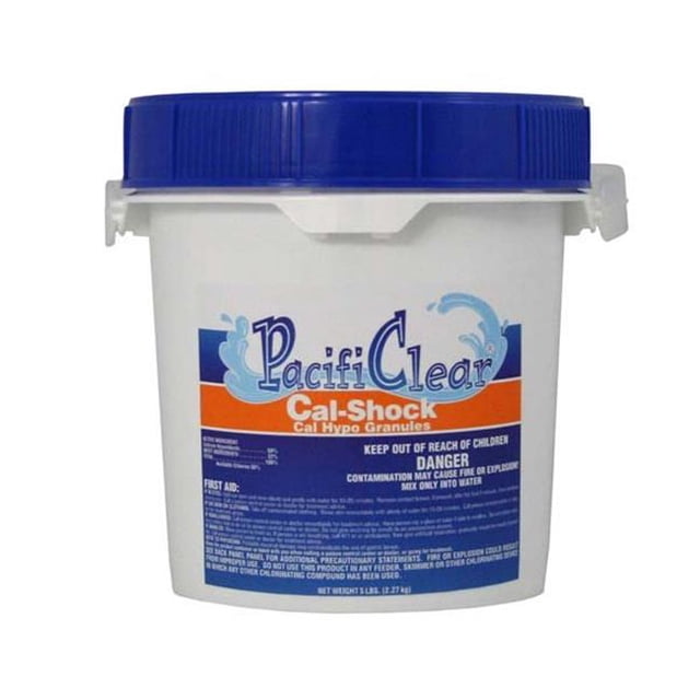 Techniques Aquatiques Cal-Shock - Seau de 5 Lb, un Traitement de Choc Polyvalent pour Piscine Contenant 65 % de Chlore Disponible. le Seau Blanc avec Couvercle Bleu Présente un Étiquetage Clair, Y Compris des Avertissements de Sécurité et des instructions d'Utilisation. Conçu pour Assainir et Désinfecter l'Eau de la Piscine, Il Empêche la Croissance des Algues et des Bactéries, Élimine l'Eau Floue et Convient aux applications Industrielles et Aquacoles. Dimensions : 6,93 x 7,73 x 7,73 Pouces, Poids