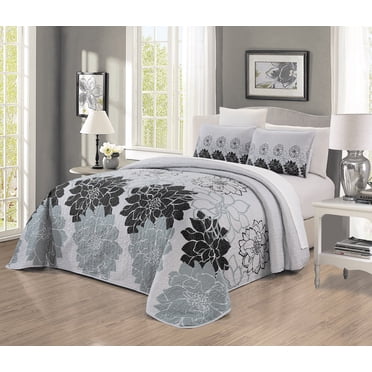 GrandLinen 3-Piece Fine Printed Oversize Quilt Set, Reversible Bedspread Coverlet, Black Gray Floral, 3-Piece, Queen