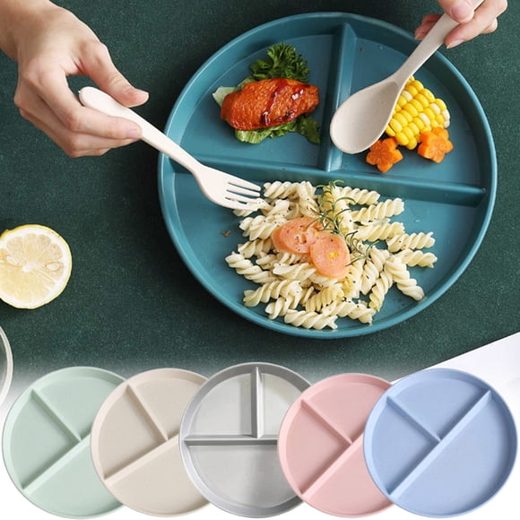 Fridja 5Pcs Unbreakable Divided Plates for Kids Adults, 8.6" Wheat Straw Plate Reusable Dinnerware Portion Plate, Round Bariatric Plastic Plate for Travel Work Picnic
