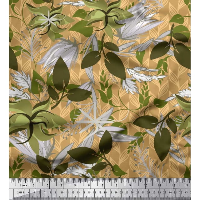 Soimoi Orange polyester Crepe Fabric Artistic Leaves Decor Fabric Printed Yard 42 Inch Wide
