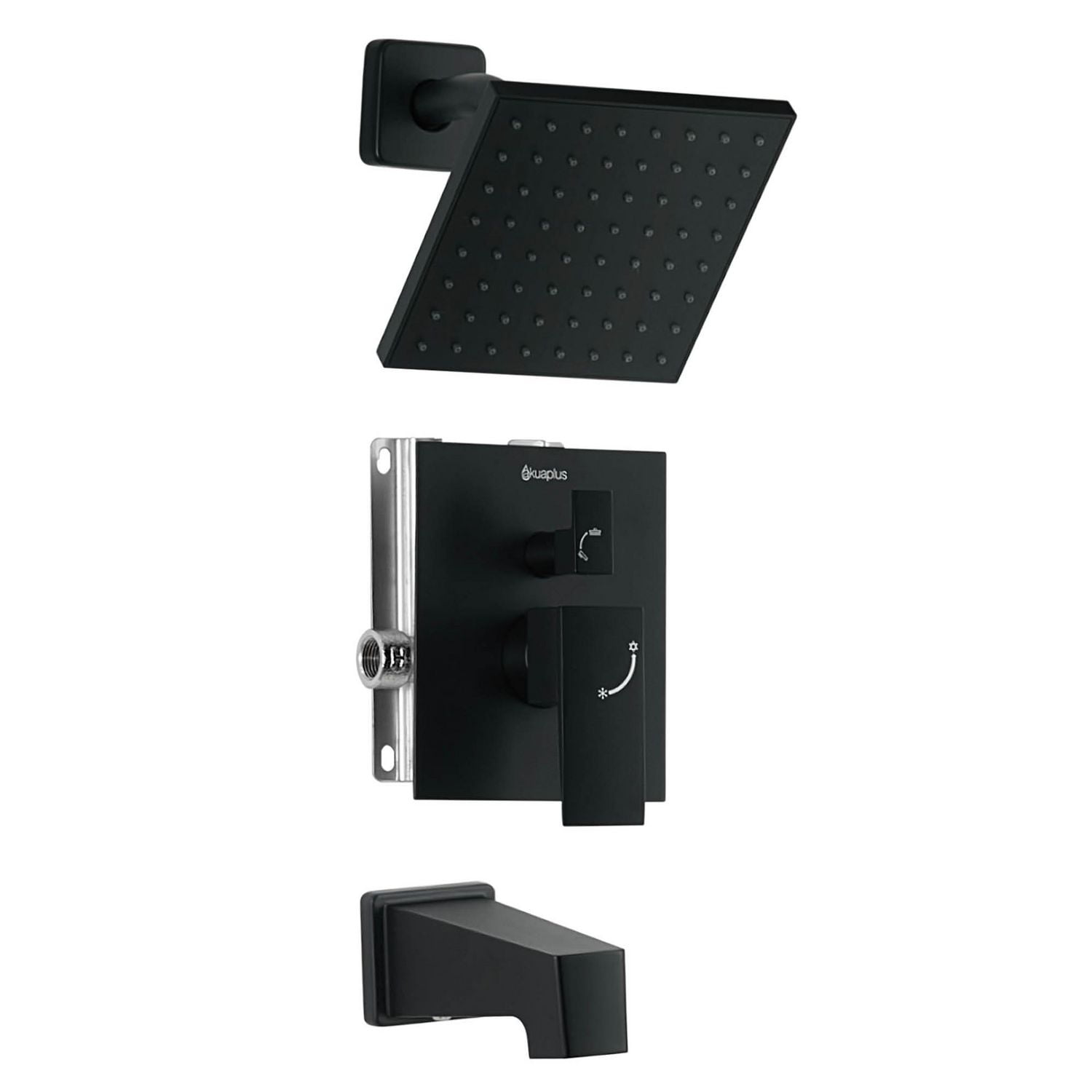 akuaplus® Matte Black 3-Way diverter Pressure Balance Bath Shower Valve Set square w/ 1-Set Shower head and Spout