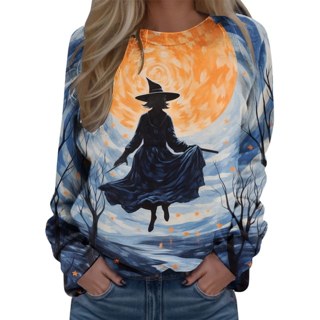 Tops For Womens Print O Neck Sweatshirt Neck Fit Pullover Tops Comfortable Long Sleeve Workout Shirts Loose Blouse