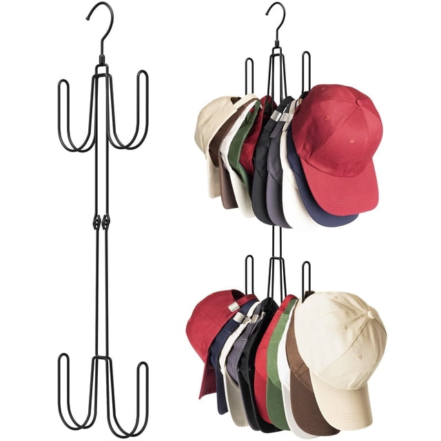 YIMWNYI Hat Hangers For Closet, a foldable and rotatable organizer with four durable iron hooks, each holding 10-15 hats. Efficiently stores up to 40-60 baseball caps, hats, and accessories. Perfect for closet organization, vests, scarves, ties, and bags.