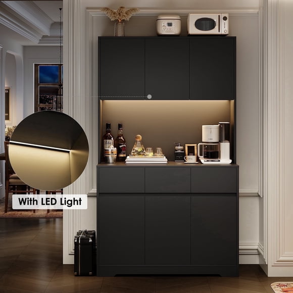 Homfa 70.9'' Tall Kitchen Pantry Cabinet with Charge Station & Led Light, 3 Drawer Storage Cabinet with Adjustable Shelves, Black
