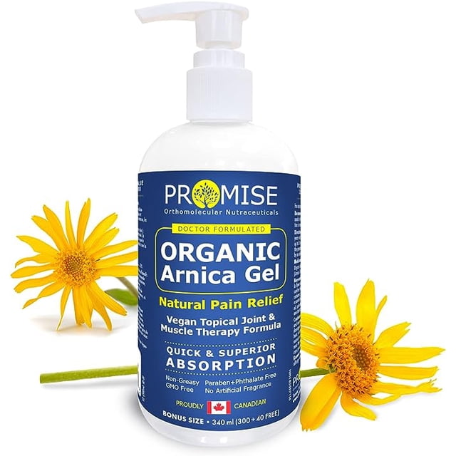 Promise Orthomolecular Nutraceuticals Organic Arnica Gel in a 340 ml (12 oz) pump bottle. The label highlights its natural pain relief properties for muscles and joints, quick absorption, and vegan, paraben-free formula. The product is displayed with fresh arnica flowers and a Canadian flag symbol, emphasizing its organic and Canadian-made qualities.