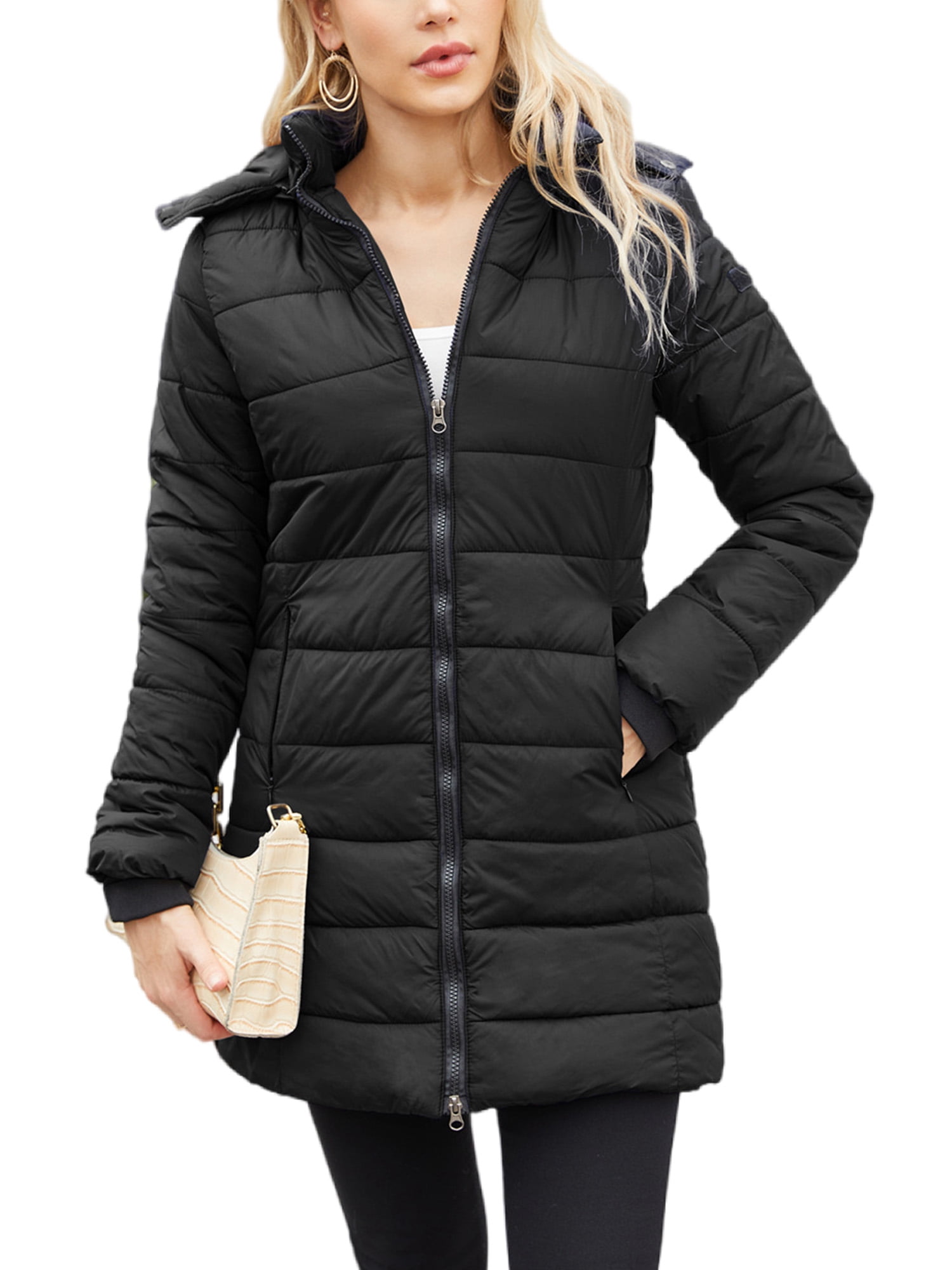 Innerwin Hooded Coats Solid Color Women Down Winter Long Sleeve Lightweight Puffer Jacket Black XS