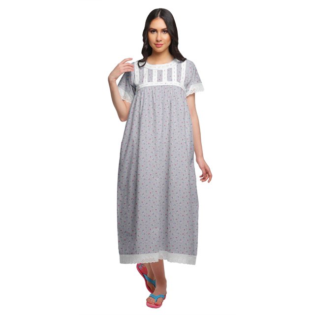 Moomaya Chemise de Nuit Maxi Boutonnée à Manches Courtes Imprimée pour Femmes en Coton