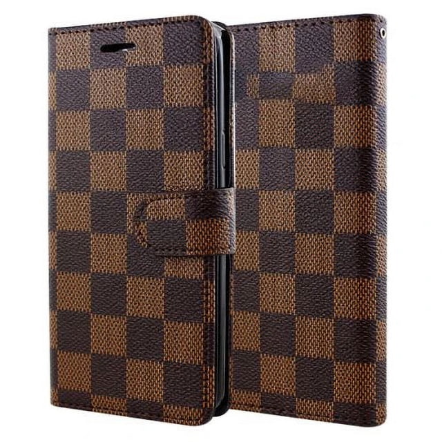 PST iPhone 17 Pro Max Wallet Case, Leather Magnetic Card Slot Wallet Folio Flip Case Cover in a brown and black checkered pattern. The case features multiple credit card slots, a pocket for bills, and a magnetic clasp for secure closure. Made from premium synthetic leather with a TPU inner case for shock absorption. The design allows the case to double as a media stand.