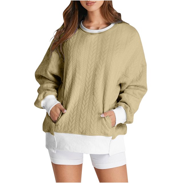 MeetoTime Women's Crewneck Sweatshirts Fall Long Sleeve Oversized Pullover Sweatshirts with Pockets