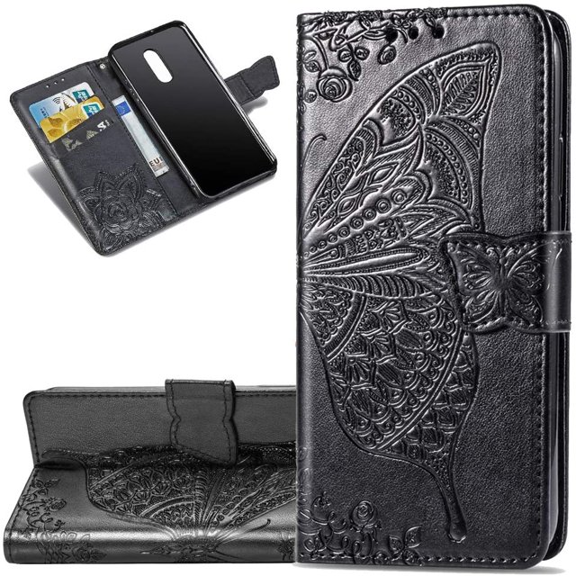Case Premium PU Leather Flip Wallet Case Butterfly Embossed Full Body Protection Flip Stand Card Holder Magnetic Cover for Samsung A21S(Black)