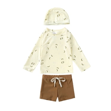 Toddler Swimsuit Kids Boys Sun Protection Swimsuit with Hat Three Piece Rash Guard Bathing Suit Maillot De Bain Bébé Beige 6 Months-12 Months