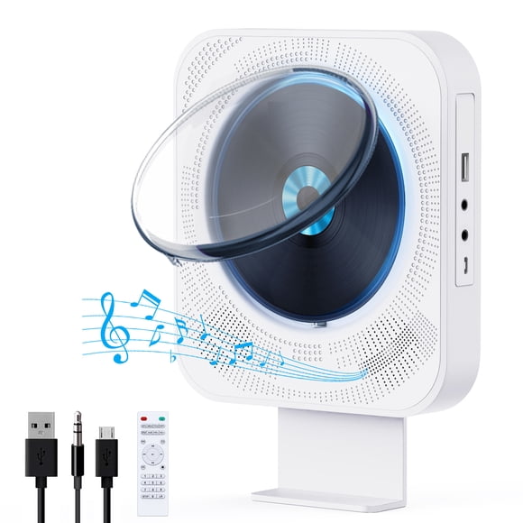 Lecteur CD avec Haut-Parleurs Hi-Fi, Lecteur CD Bluetooth, Port USB/radio FM/prise AUX, Lecteur CD Compact Blanc pour la Maison