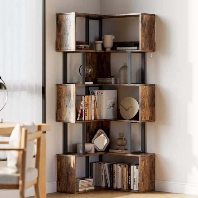 Space-Saving Tall L-Shaped Corner Bookshelf - 6-Tier Freestanding Metal & Wood Display Rack - Modern Storage Shelf for Living Room or Home Office - Rustic Brown, 62.6" High - Fire Cloud Color