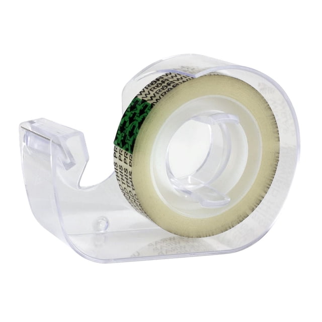 PG DOUBLE SIDED TAPE 1PK with a clear Pen+Gear double sided tape roll in a transparent plastic dispenser featuring a serrated edge for easy cutting, measuring 1/2 inch wide by 400 inches long, suitable for office, school, and craft adhesive use requiring concealed bonding.