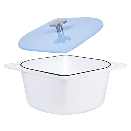 Faitout Hollandais en Fonte Émaillée de 5 Pintes, Design Moderne en Forme de Squoval, avec Bouton en Acier Inoxydable, Blanc avec Couvercle Bleu