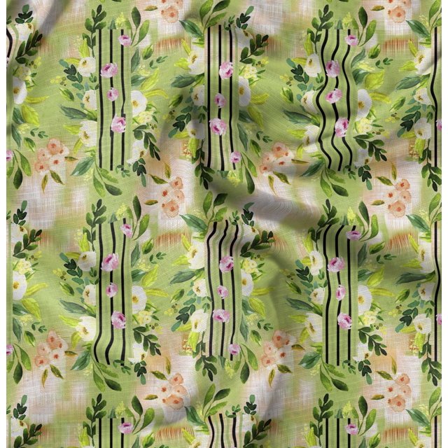 Soimoi Green polyester Crepe Fabric Leaf Floral Printed Craft Fabric by the Yard 42 Inch Wide