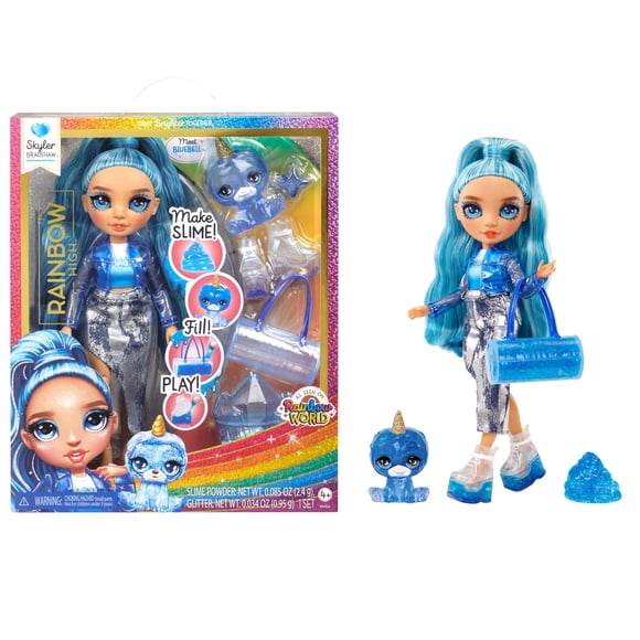 Rainbow High Skyler Blue avec Trousse de Slime et Animal de Compagnie Poupée Mannequin Scintillante Articulée de 11 Pouces" avec Slime Étincelant Bricolage Animal Magique Yeti Accessoires de Jeu Amusants. Excellent Cadeau Jouet pour Filles Enfants de 4 à 12 Ans