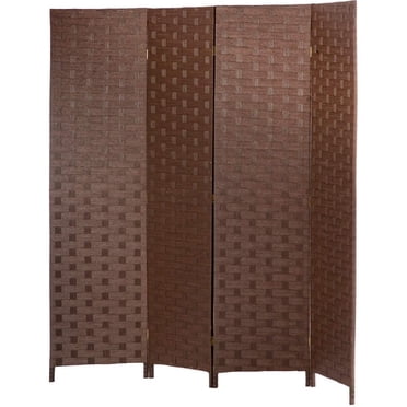 FDW 4-Panel Room Divider, Folding Wood Screen Partition with Mesh Woven Design for Home Office Use, Brown