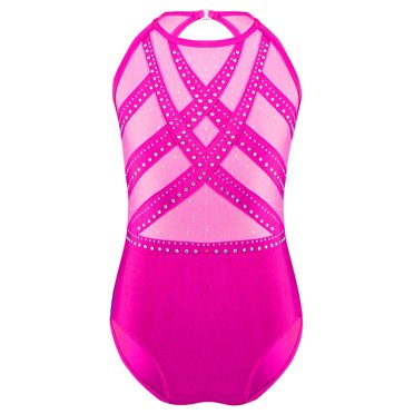 Lejafay Justaucorps de Gymnastique pour Filles, Strass Scintillants, Combinaison de Ballet et de Danse, Biketard de Tumbling, Tenue de Danse, Rose Vif 6