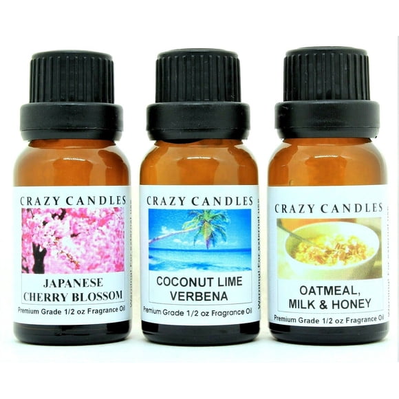 Crazy Candles 3 Bottles Set, 1 Japanese Cherry Blossom, 1 Coconut Lime Verbena, 1 Oatmeal, Milk & Honey 1/2 Fl Oz Each (15ml) Premium Grade Scented Fragrance Oils