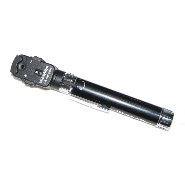 Welch Allyn Pocketscope Ophthalmoscope with AA Black Handle, a compact diagnostic tool designed for eye examinations. Features a sleek black handle with a clip for portability and a precision lens system for clear visualization. Suitable for professional medical use in diagnostics and screening.